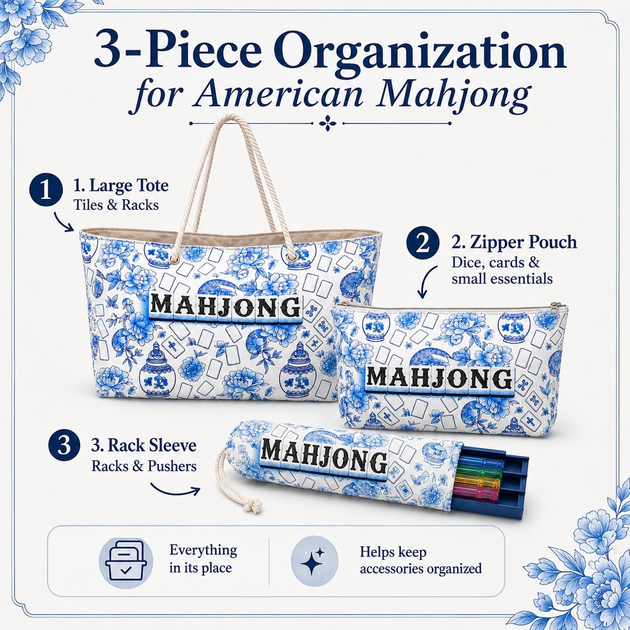 3 Pcs Empty American Mahjong Bags for Tiles and Racks and Mat, Blue Floral Ma…