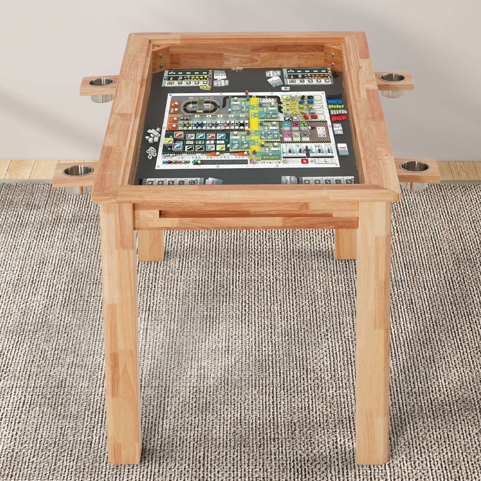 Oak Board Game Table with Removable Table Top, 52″ x 29″ Area, Leather Playmat