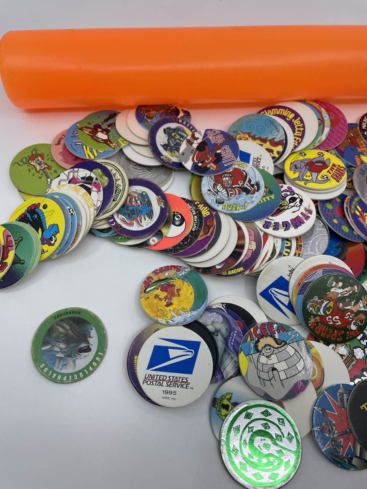 VTG Pogs Milkcaps Lot 149 90s 8-Ball Slammer Game Pieces W/ Pog Container