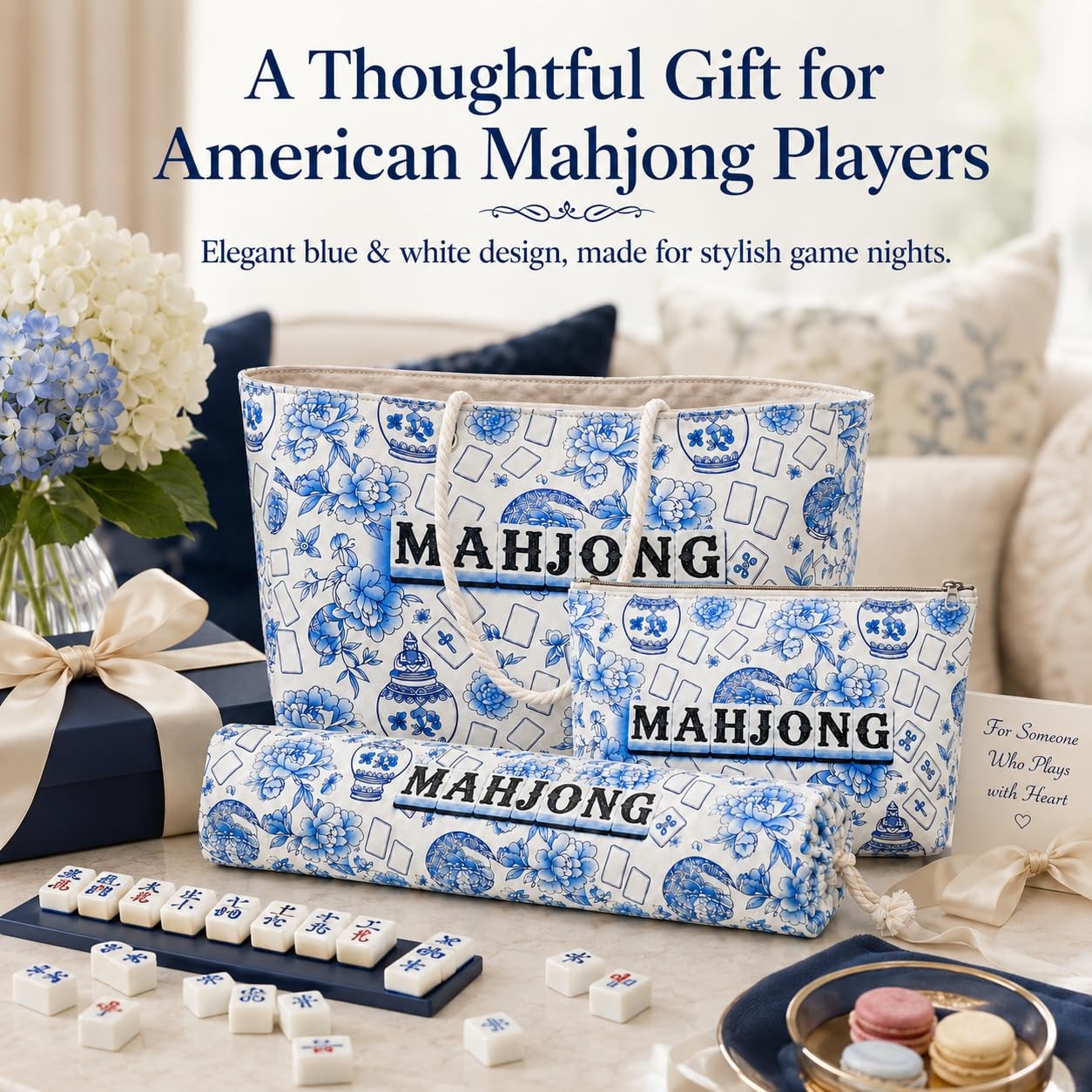 3 Pcs Empty American Mahjong Bags for Tiles and Racks and Mat, Blue Floral Ma…