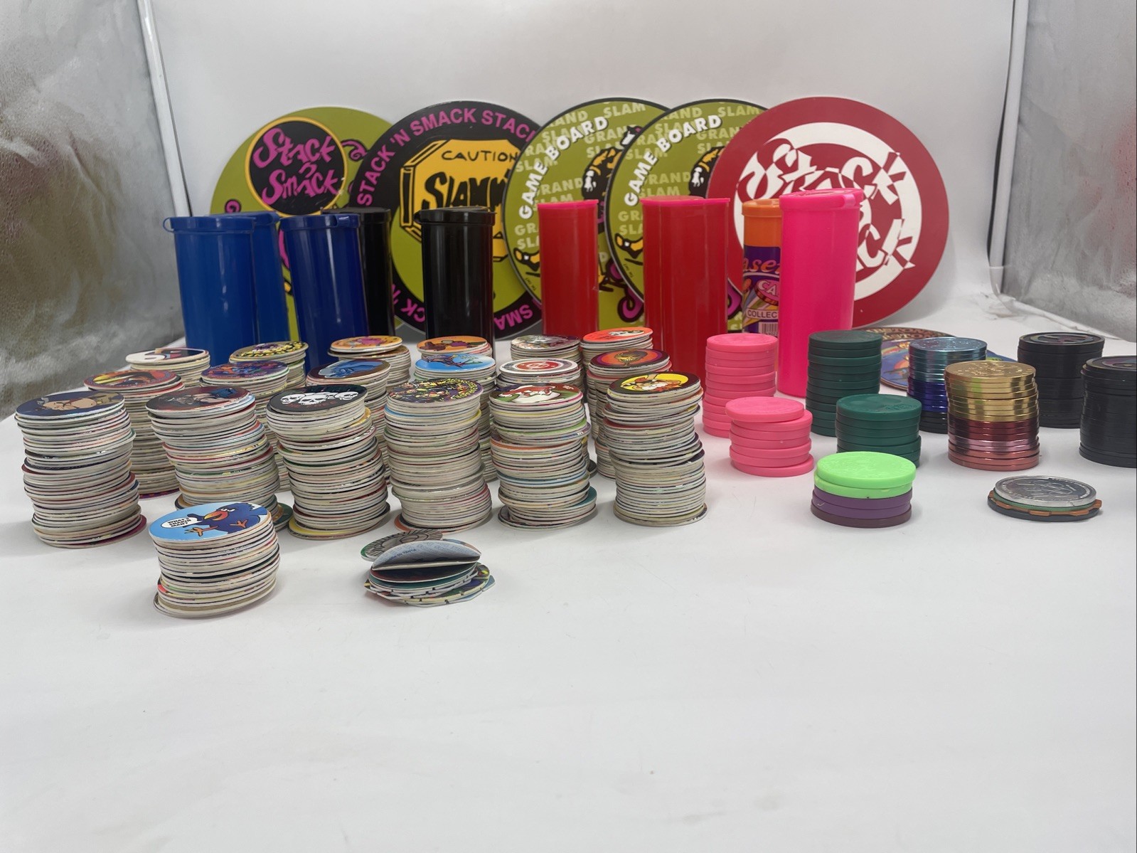 Large POGS Lot (825+ Milk Caps, 130+ Slammers, 10 Game Pads, 13 Tubes)
