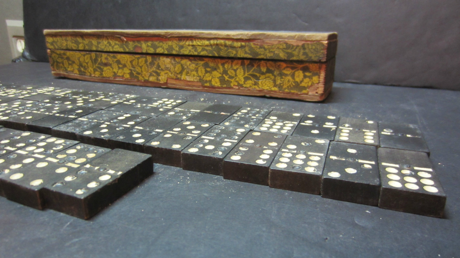 Vintage Wood Dominoes White Dots Shedding 55 Pieces in Old Floral Wood Box Worn