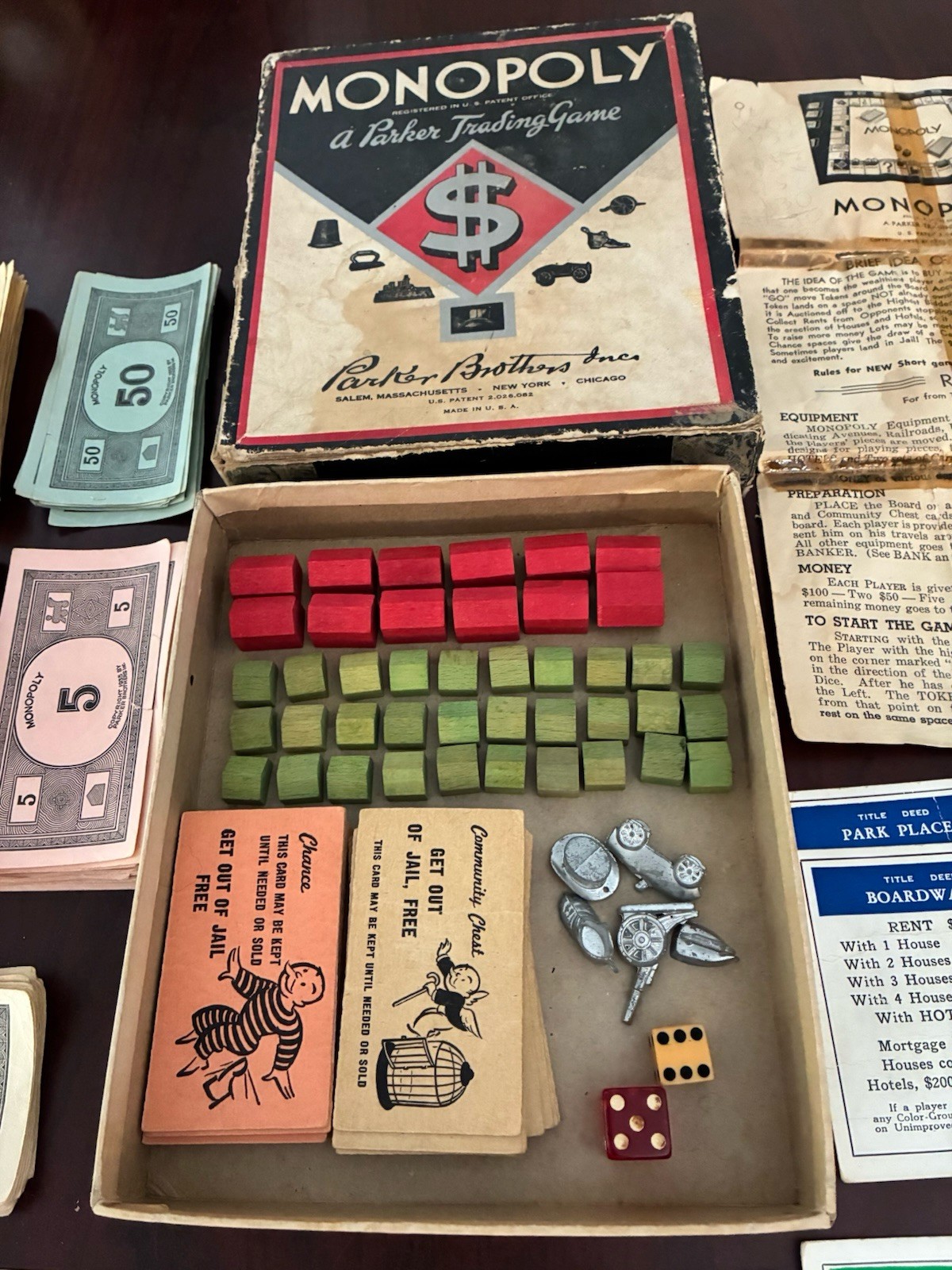 Vintage 1936 Monopoly Game Black Box Wood Houses Missing Pieces & Board. See Pic