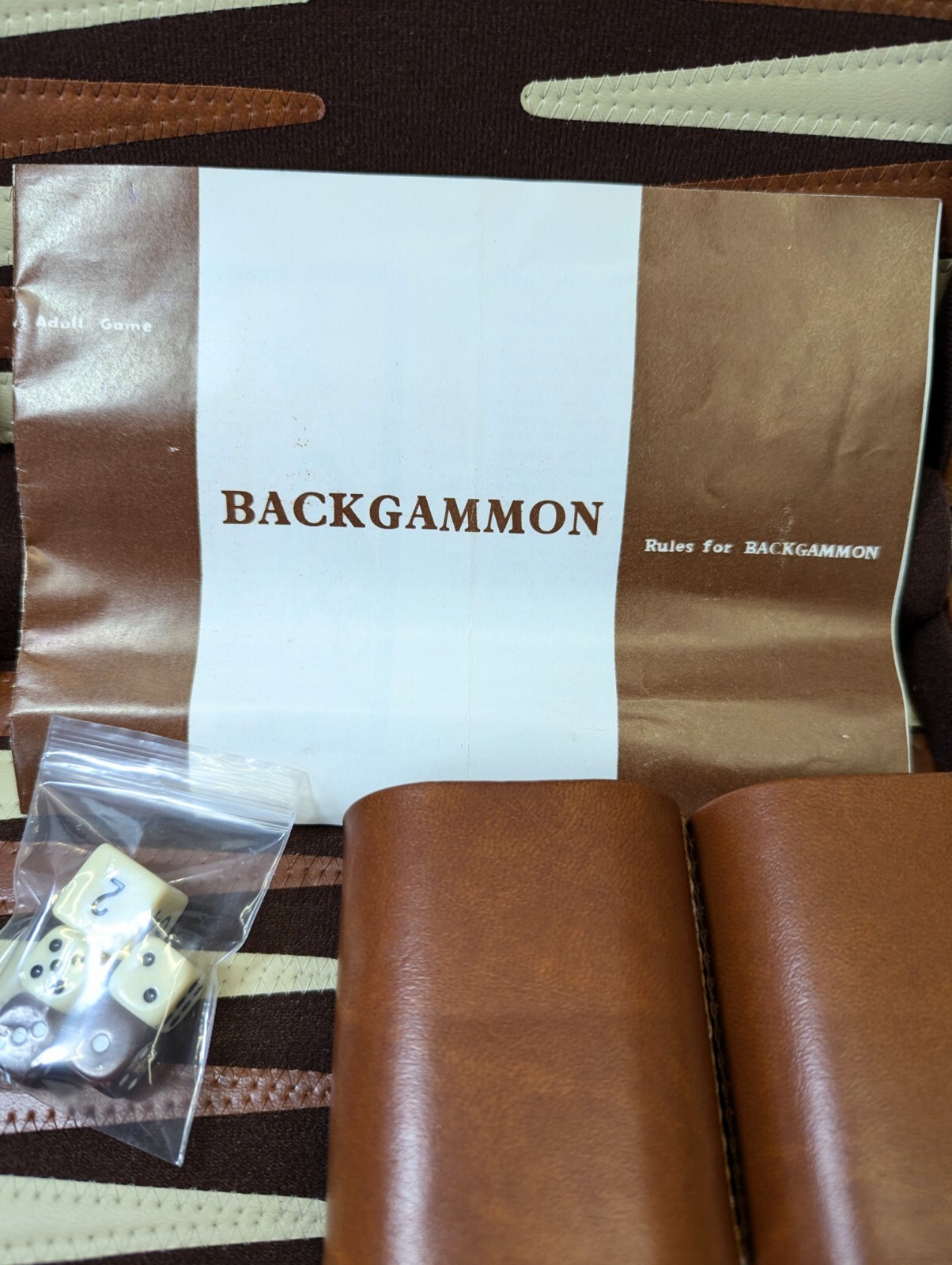 Vintage REISS Backgammon Travel BROWN FAUX LEATHER ZIPPER CASE Complete! 1970’s