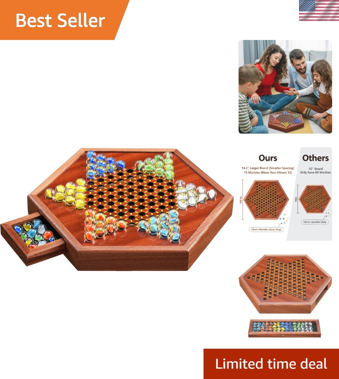 14.2” Chinese Checkers Game Set w/ 72 Glass Marbles + Storage Drawer