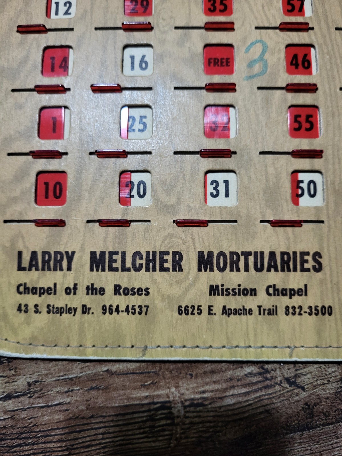 Larry Melcher Mortuaries Mesa Arizona Vintage Bingo Pla-Mor Card 1950’s 60’s !!