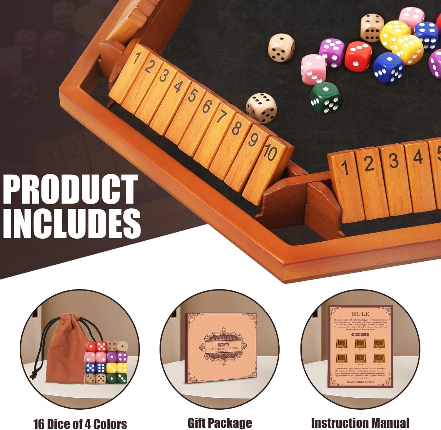 1-6 Players Shut The Box Dice Games, Wooden Board Table Math Game with 16 Dice a