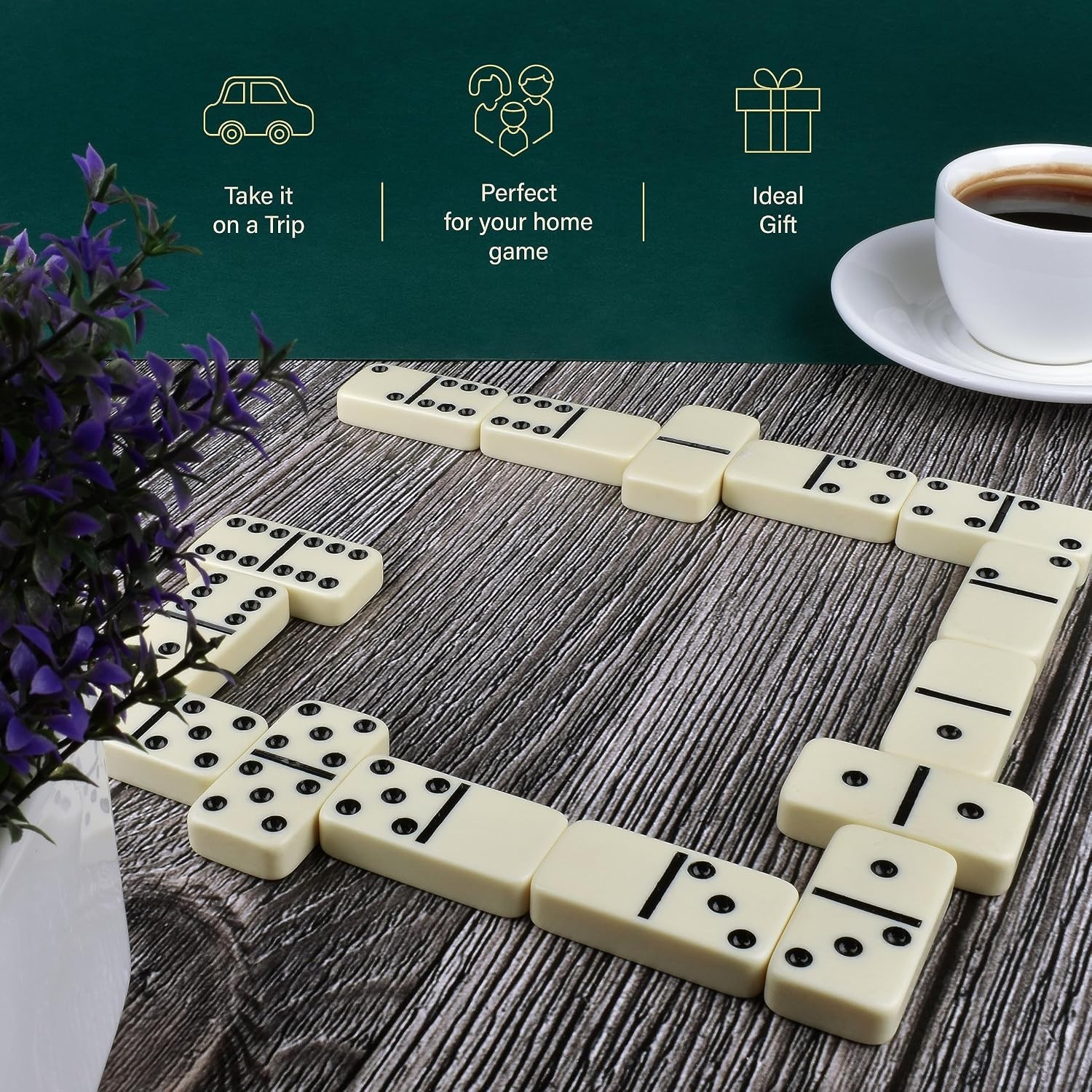 Queensell Jumbo Dominoes Set for Family Fun – 28 Double 6 Tiles in Wooden Box