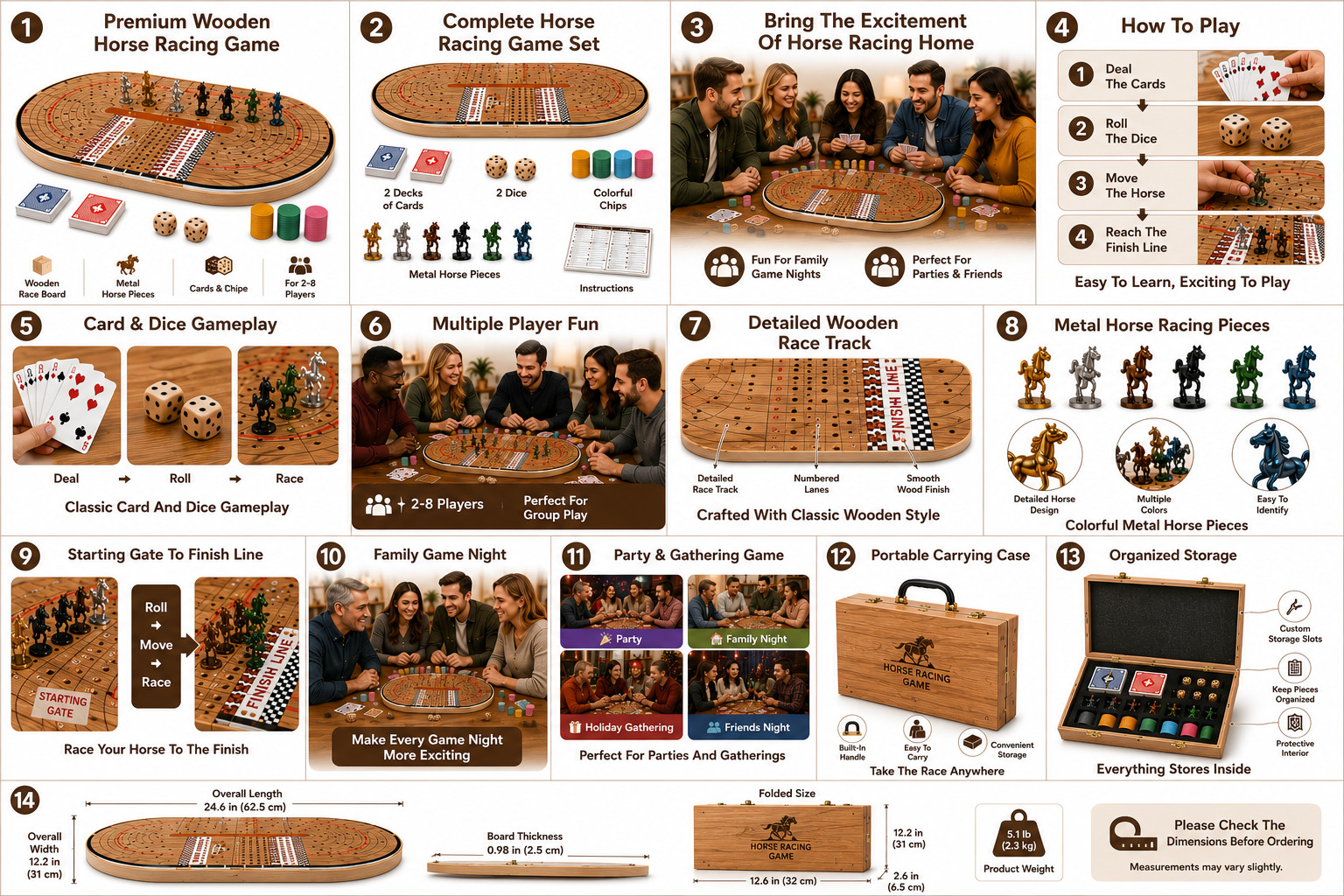24.8in Wooden Horse Racing Board Game Foldable Large Race Track Set w Accessorie