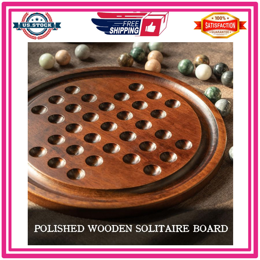 12.6” Wooden Solitaire Board Game Single Player Strategy with Marble Balls Set