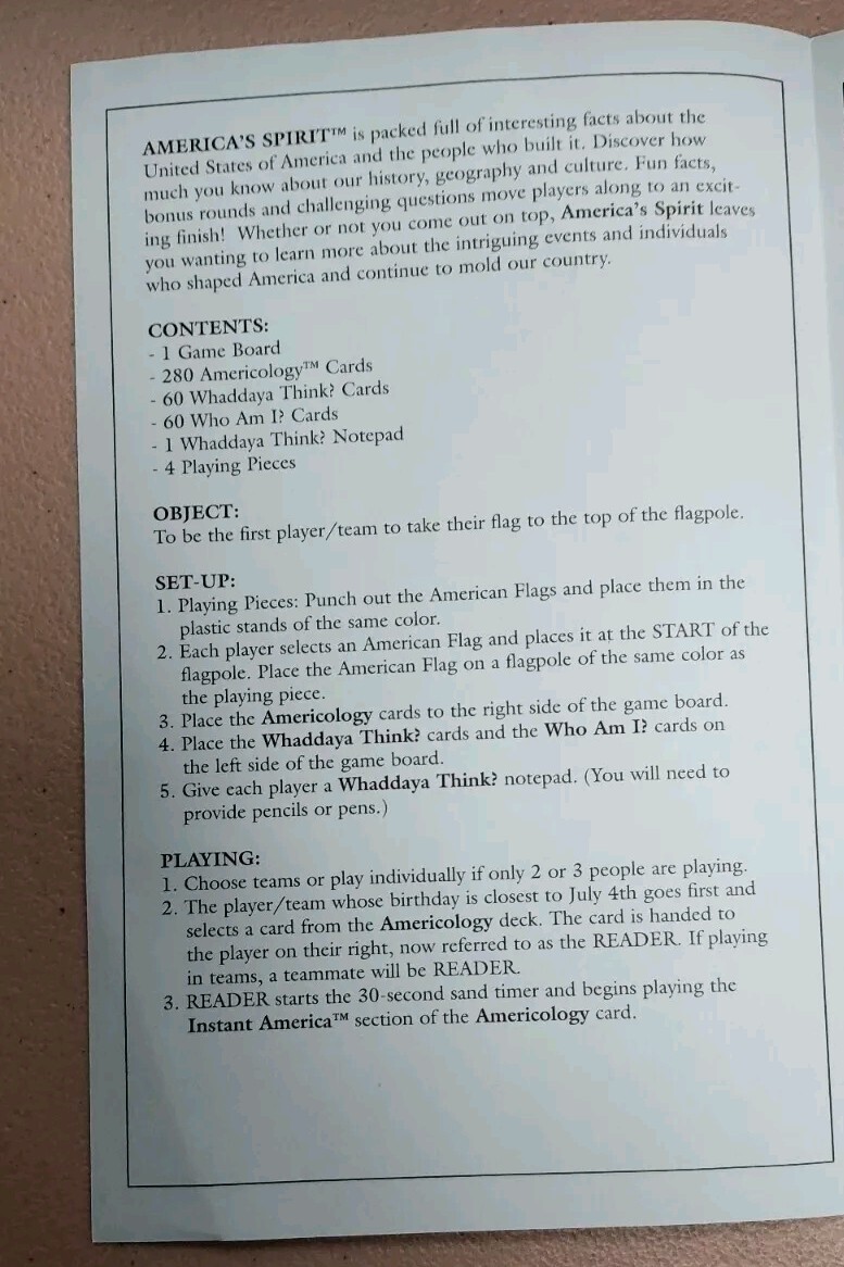 America’s Spirit The Family Game For Patriotic Americans 2001 University Games