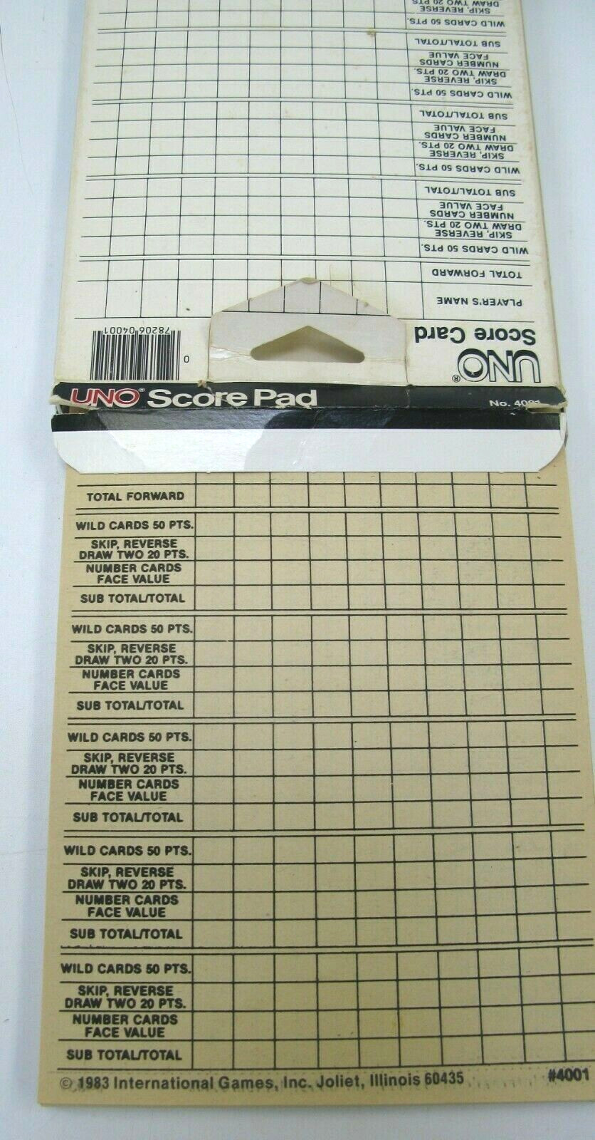 1984 UNO Score Pad in Box #4001 100 2 Sided Score Sheets