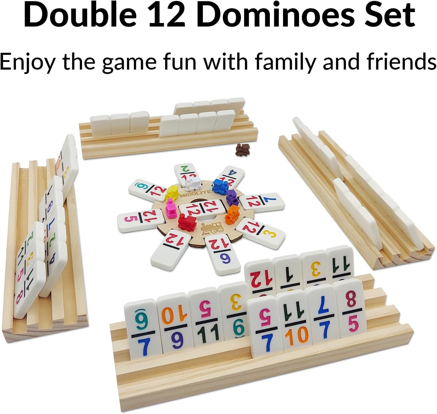 Mexican Train Dominoes Set with Wooden Racks & Hub – 91 Tiles, Double 12