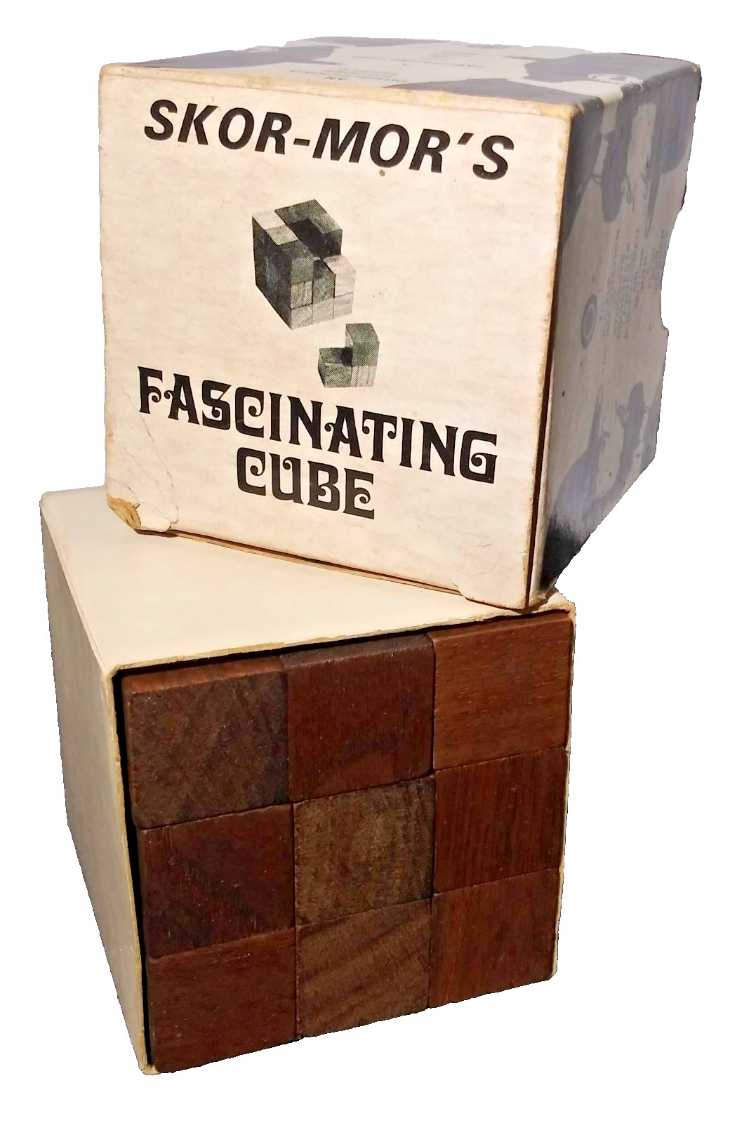 Vintage 1970’s Fascinating Cube Wooden Block Puzzle Game Skor-Mor Original Box