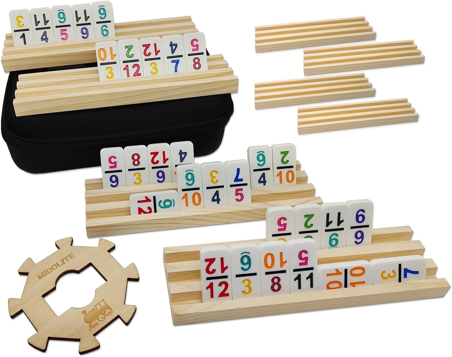 Mexican Train Dominoes Set with Wooden Racks & Hub – 91 Tiles, Double 12