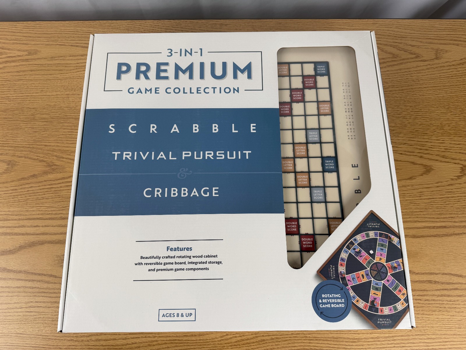 Scrabble 3-in-1 Premium Game Collection w/ Trivial Pursuit & Cribbage Open Box