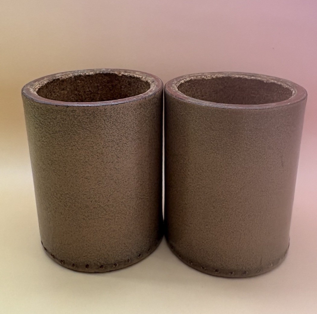 TWO Vintage DICE CUPS Shakers Tan Leather Round Backgammon Crisloid-Style