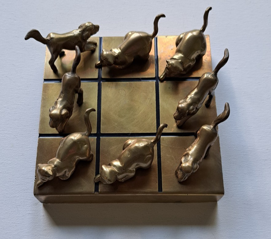VTG PENCO Brass CAT & DOG Figurine Tic Tac Toe Game Labrador Golden Retriever