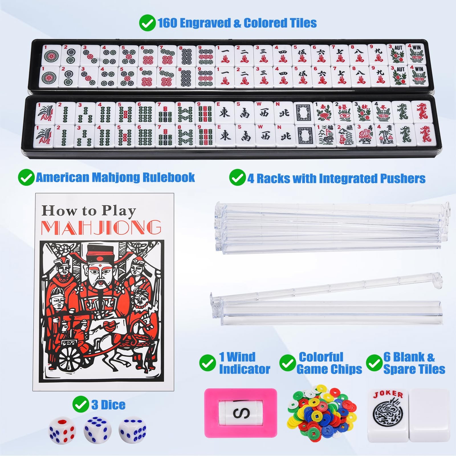 ADAH American Mahjong Set with 166 Tiles, 4 All-in-One Rack/Pushers, Premiu