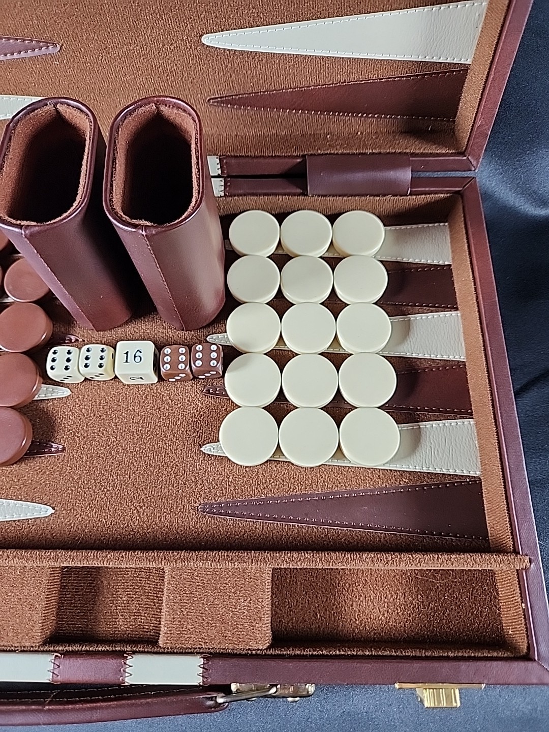Vintage Backgammon Set Travel Case Leatherette Complete w Dice Cups 1950s 60s