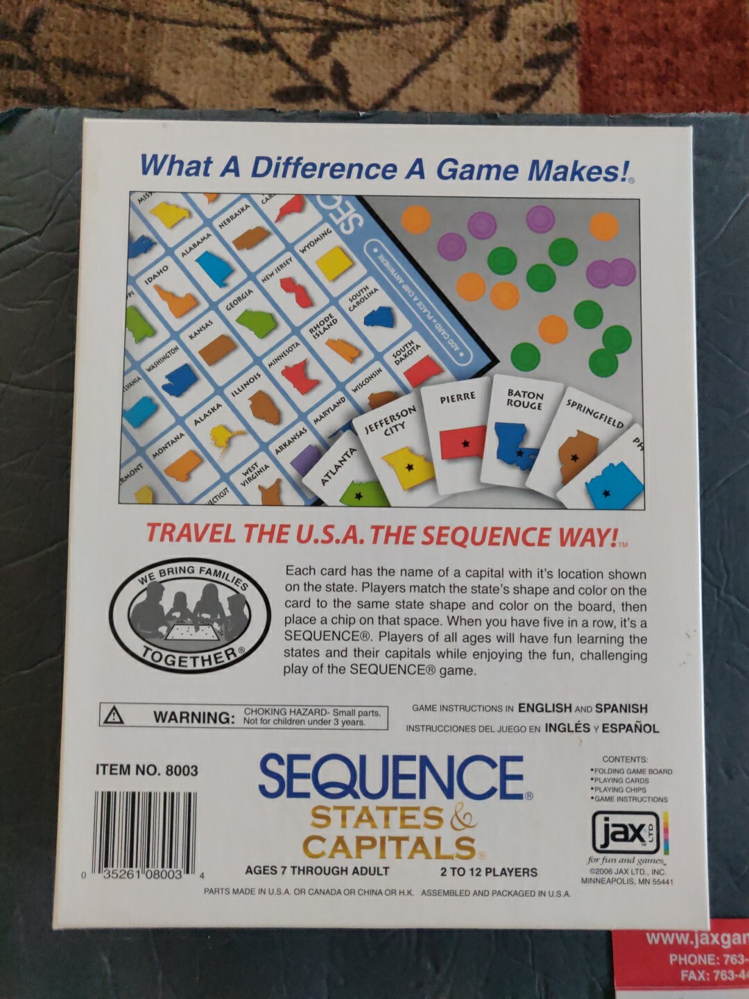 Sequence States & Capitals Board Game, Jax 2006 2 to 12 Players. Pre Owned.