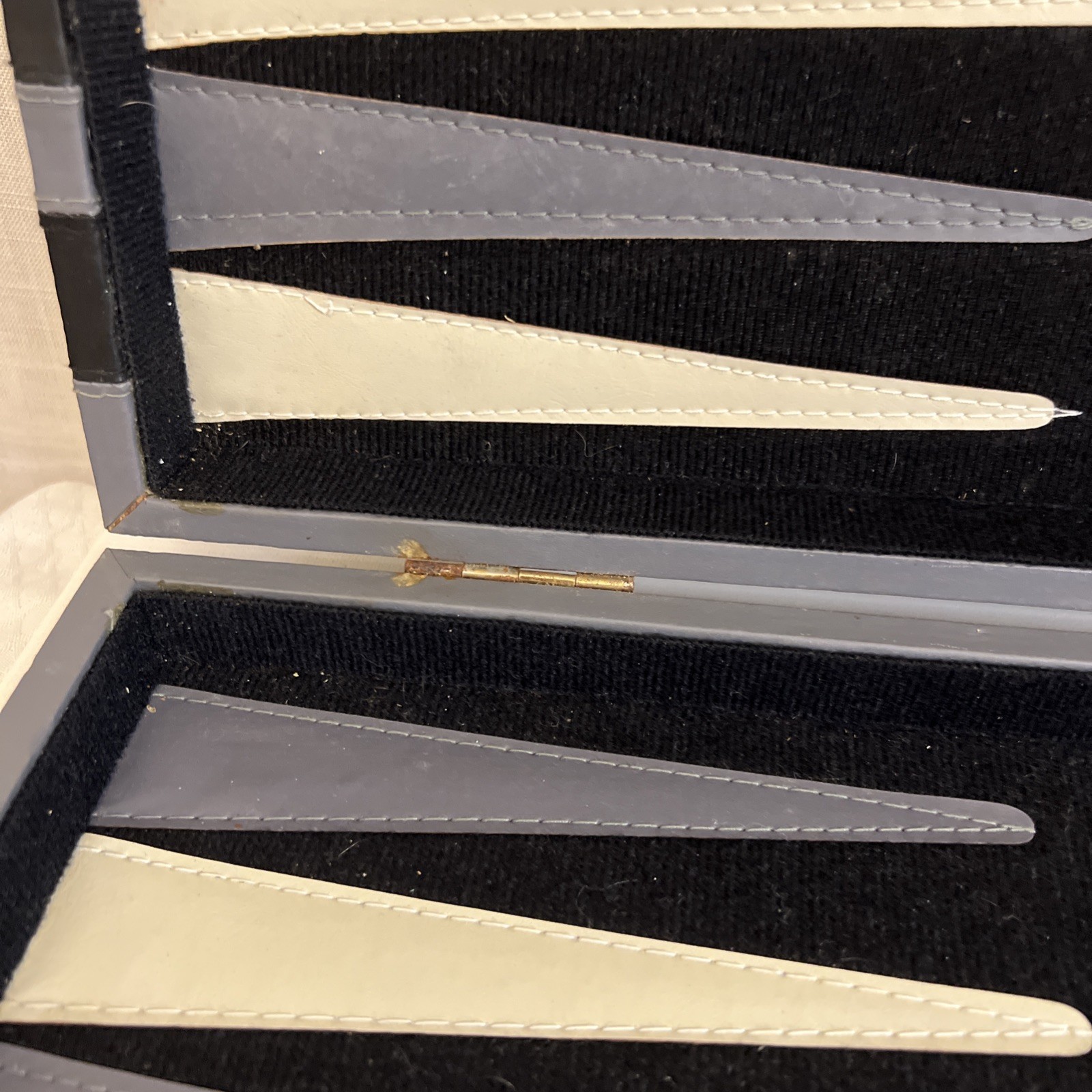 Vintage Backgammon Complete Set Gray Cream Points Black Felt Gray Faux Leather