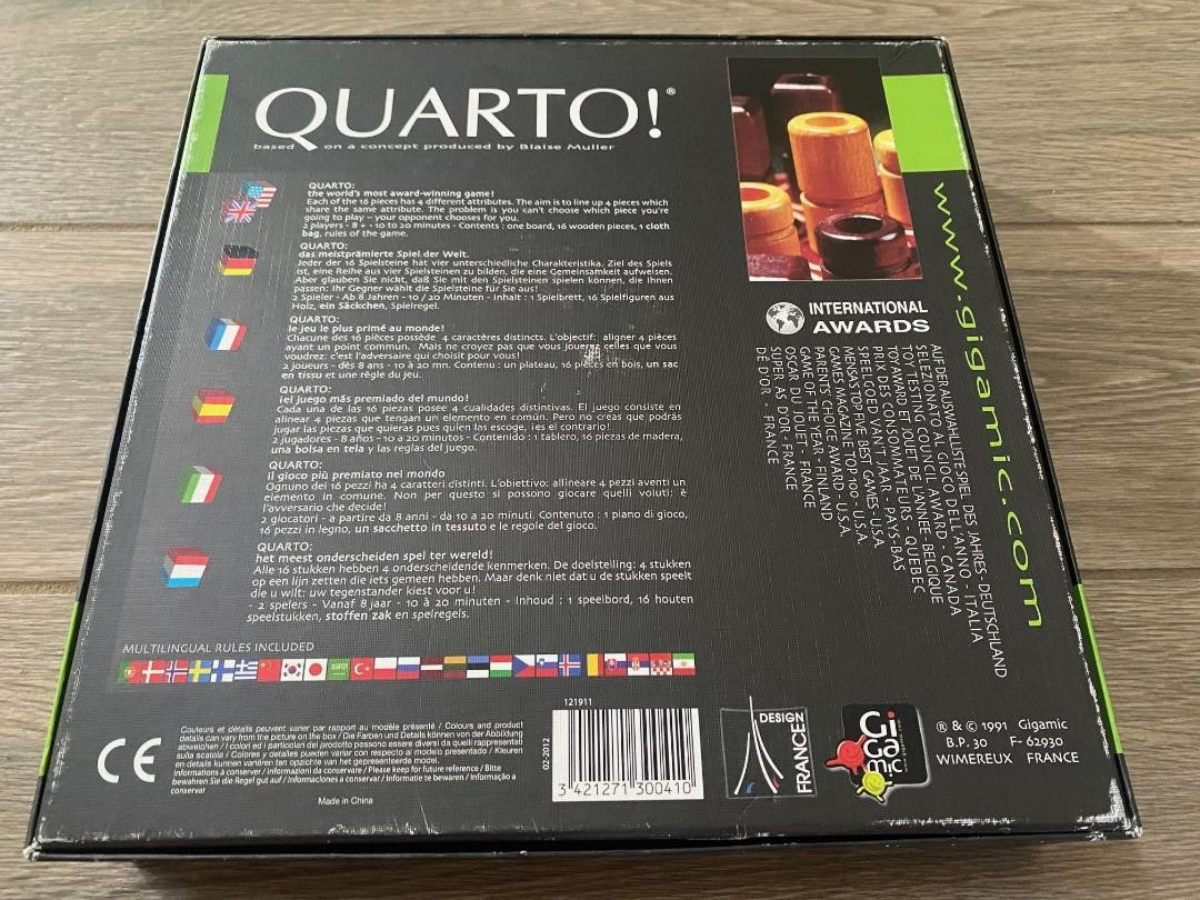 QUARTO Wooden Board Block Strategy Board Game – 100% Complete – 1991 Gigamic