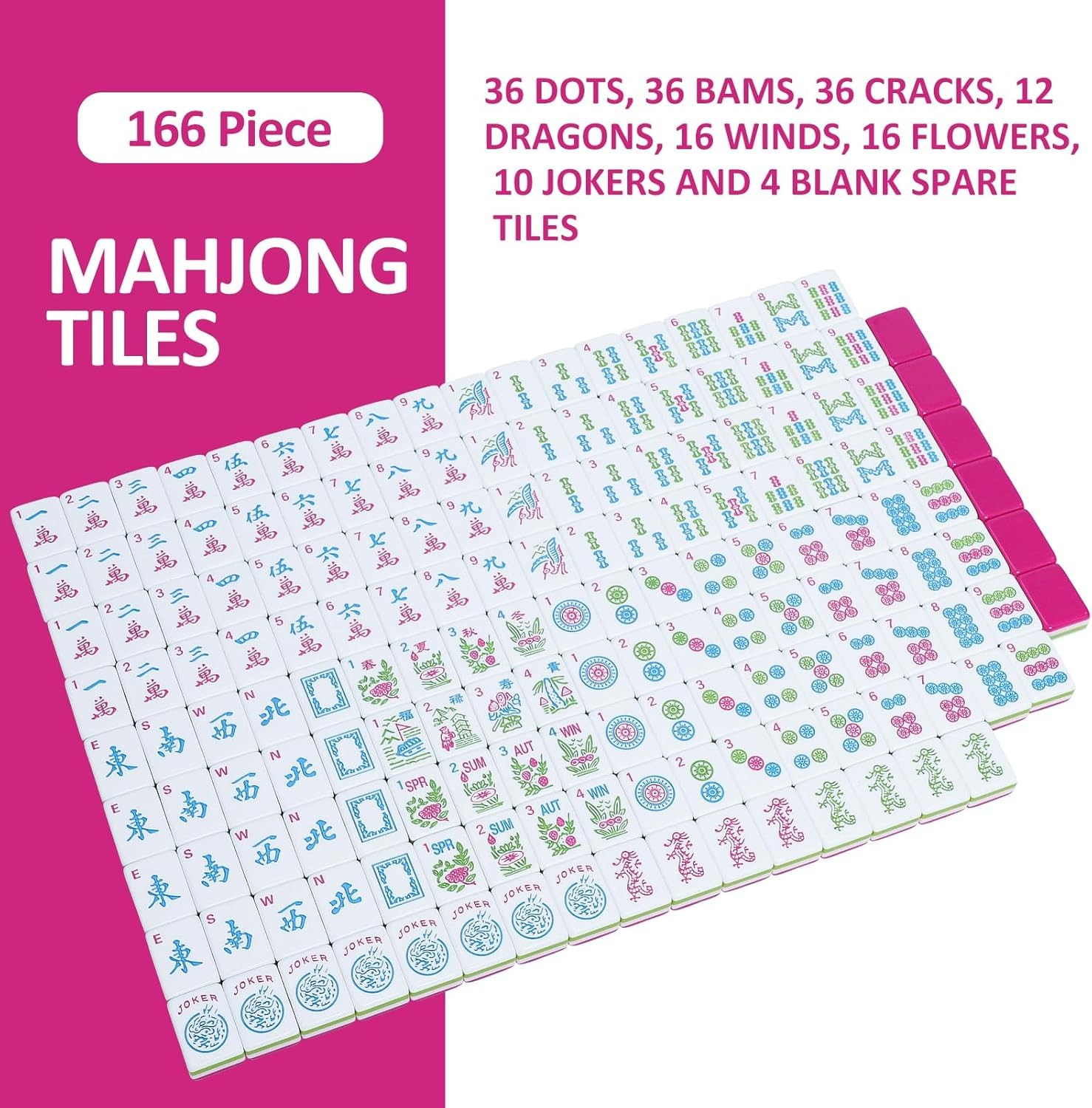 Engraved American Mahjong Tile Set(4 Layer), 166 Acrylic Mahjong Tiles with a Ca