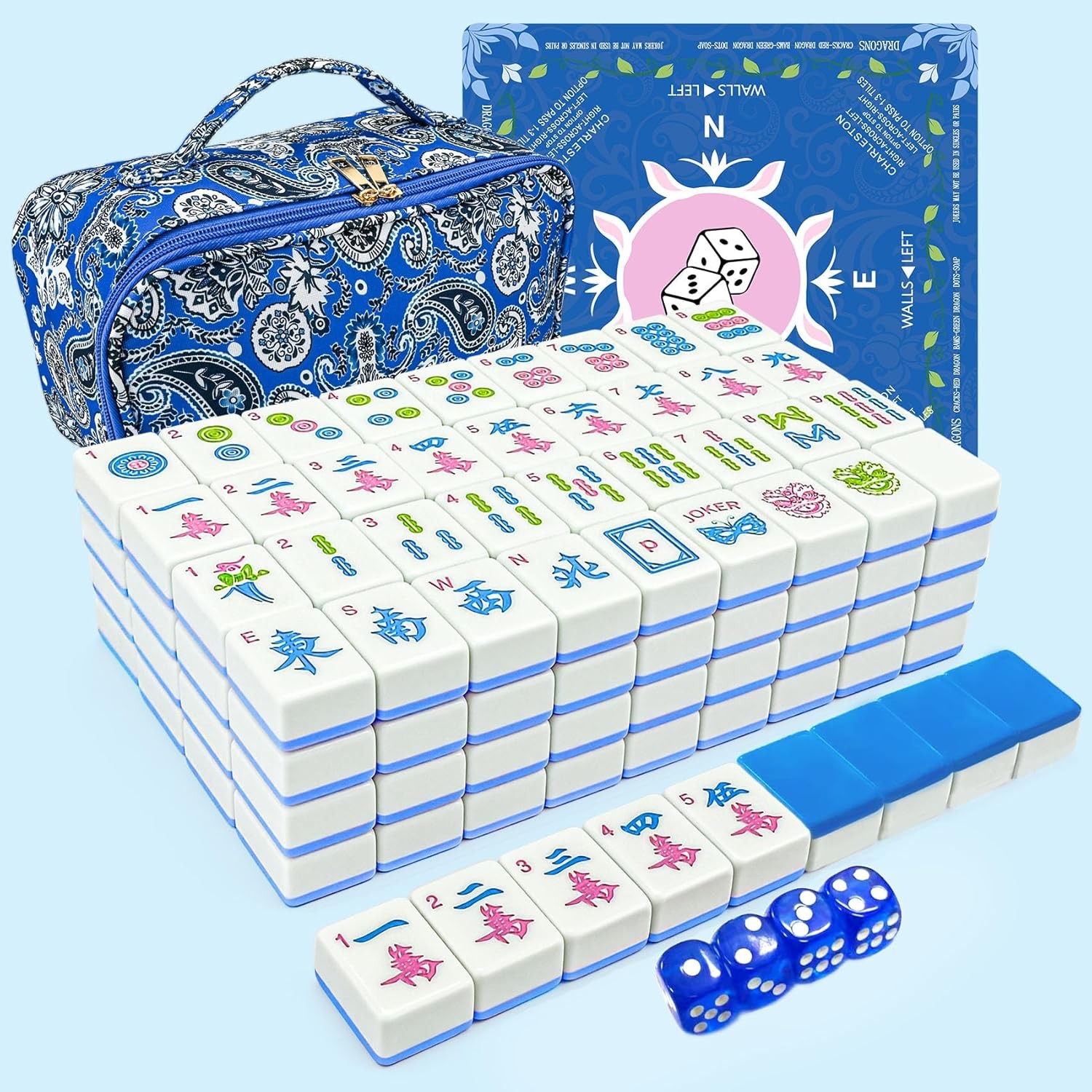 American Mahjong Tile Set, 166 Blue Tiles (1.2”), Mahjong Tile Set with Carrying