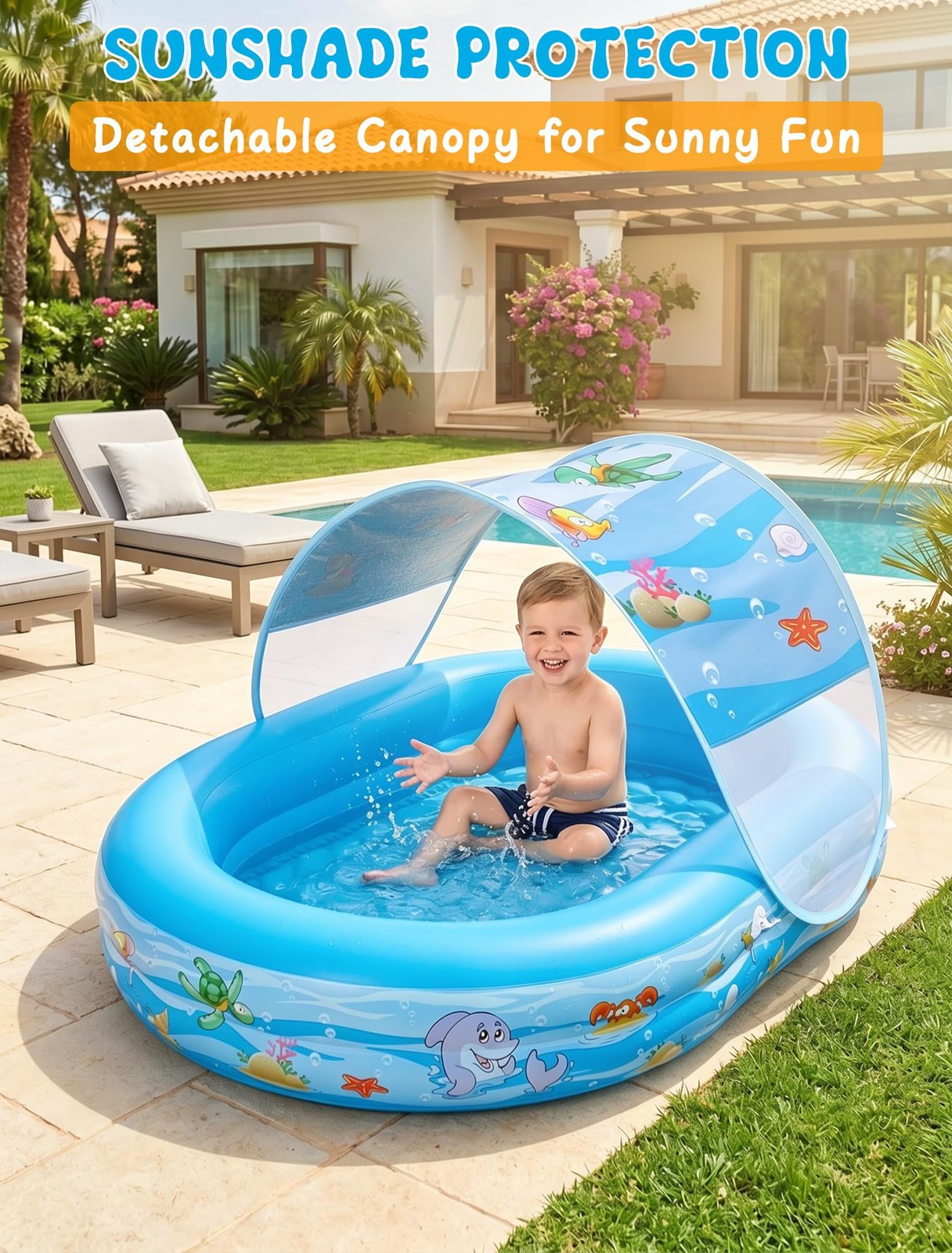 Inflatable Kids Pool 65 x46 Canopy Sprinkler Baby Swimming Learn2M 65×46 Water