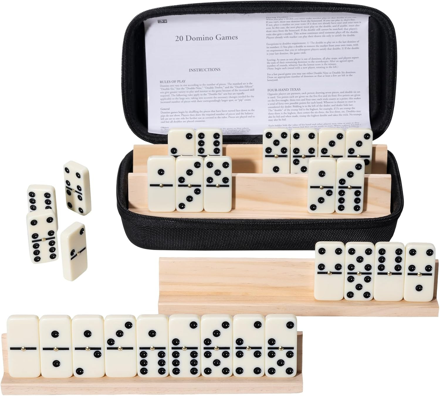 Double 6 Dominos Set for Adults with 4 Wooden Racks, 28 Tiles Classic Dominoes
