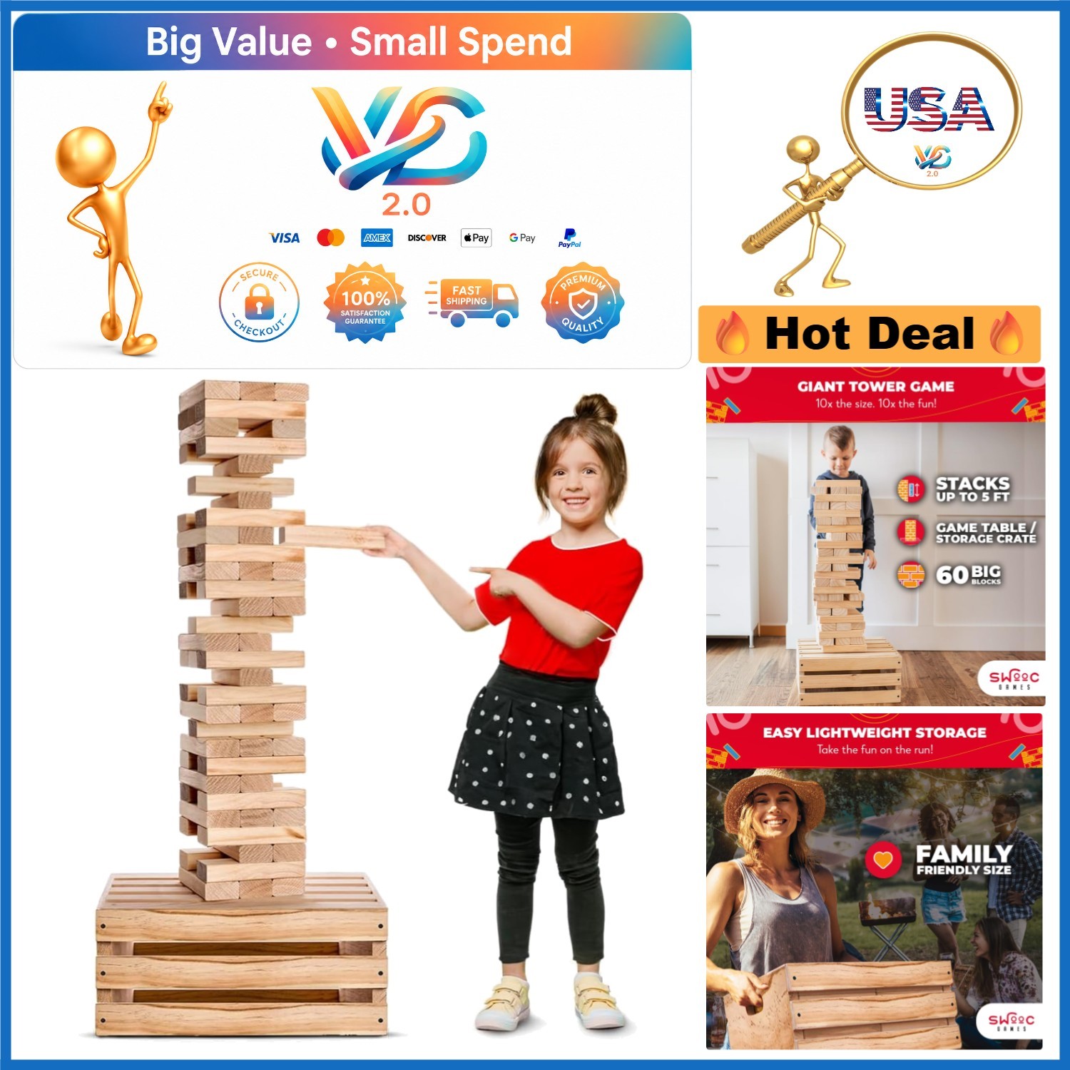Giant Tower Game 60 Blocks Outdoor Yard Family Lawn Wooden Kids Adults