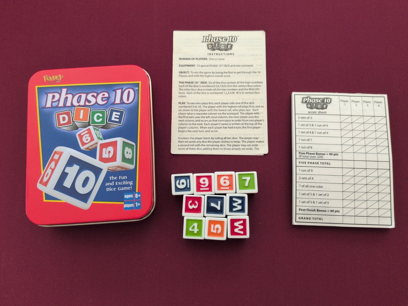 Phase 10 Dice Game – Fundex 2002 – Complete With Rules And Score Pad
