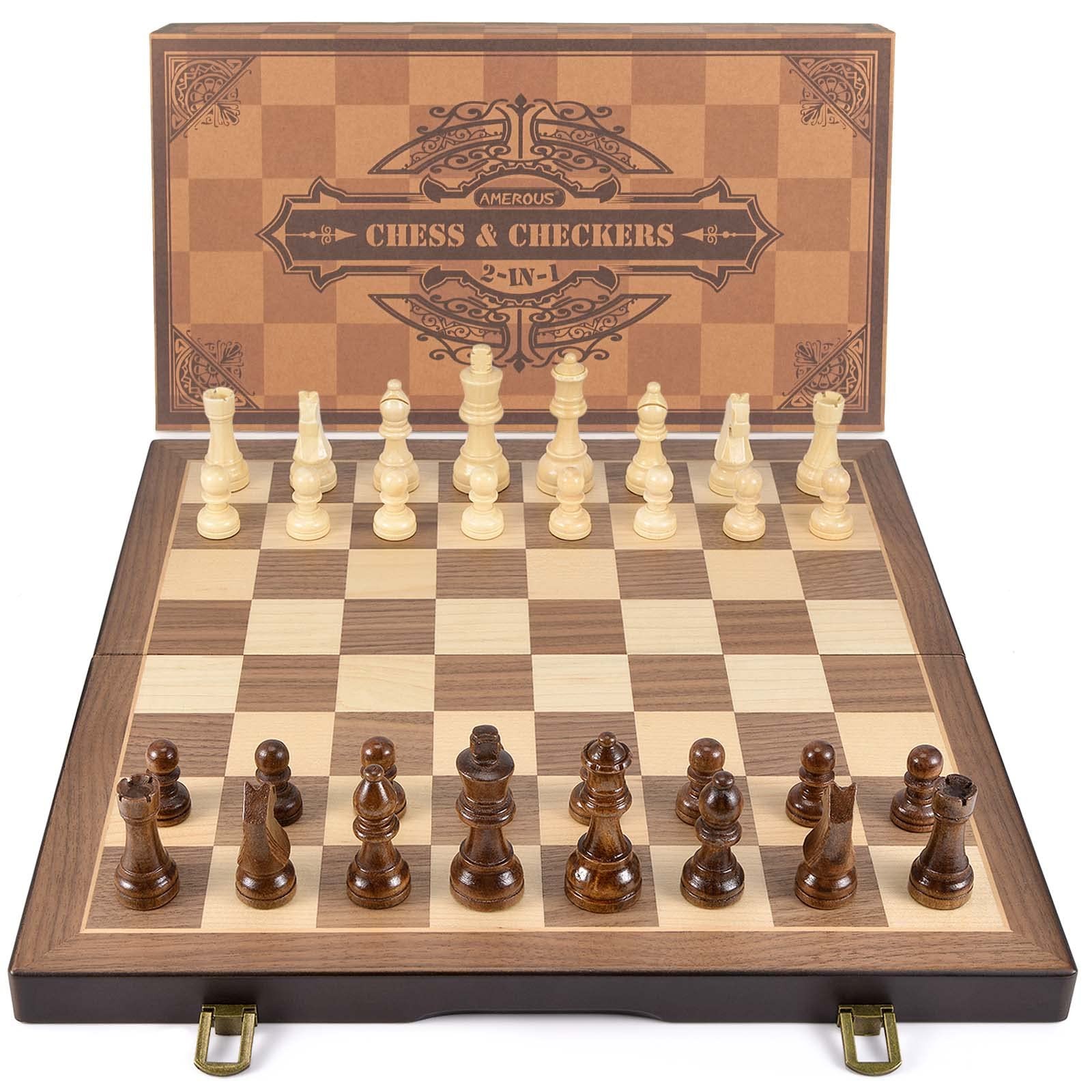 Magnetic Wooden Chess and Checkers Game Set, 15 Inches (2 in 1) Chess Board G…