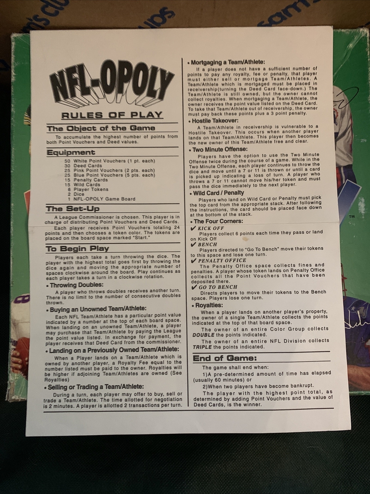 VTG NFL-OPOLY Officially Licensed NFL Board Game Two Player Prices Missing