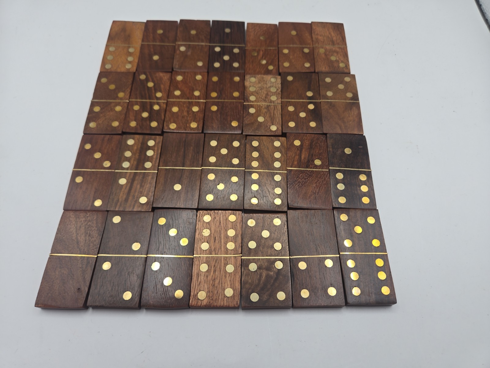 Double Six Wood Dominoes Set w Brass Inlays in Wooden Case With Latch Rare!