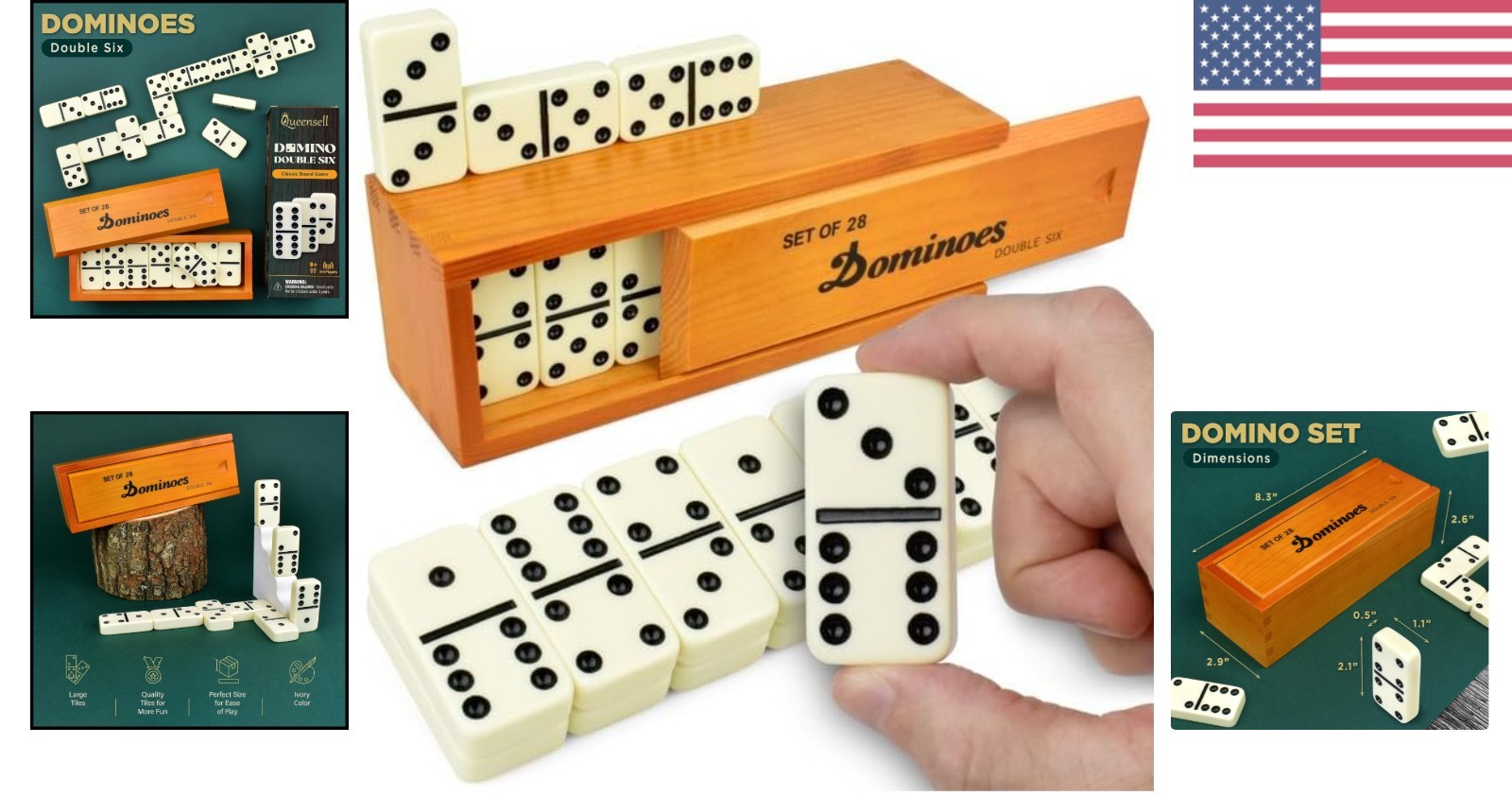 Queensell Jumbo Dominoes Set for Family Fun – 28 Double 6 Tiles in Wooden Box