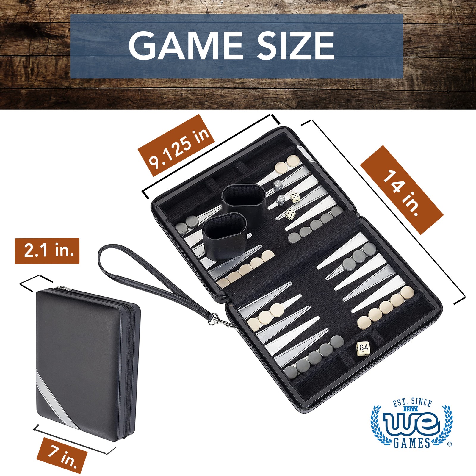 WE Games Travel Magnetic Backgammon Set, Black with Grey Stripe Leatherette Case