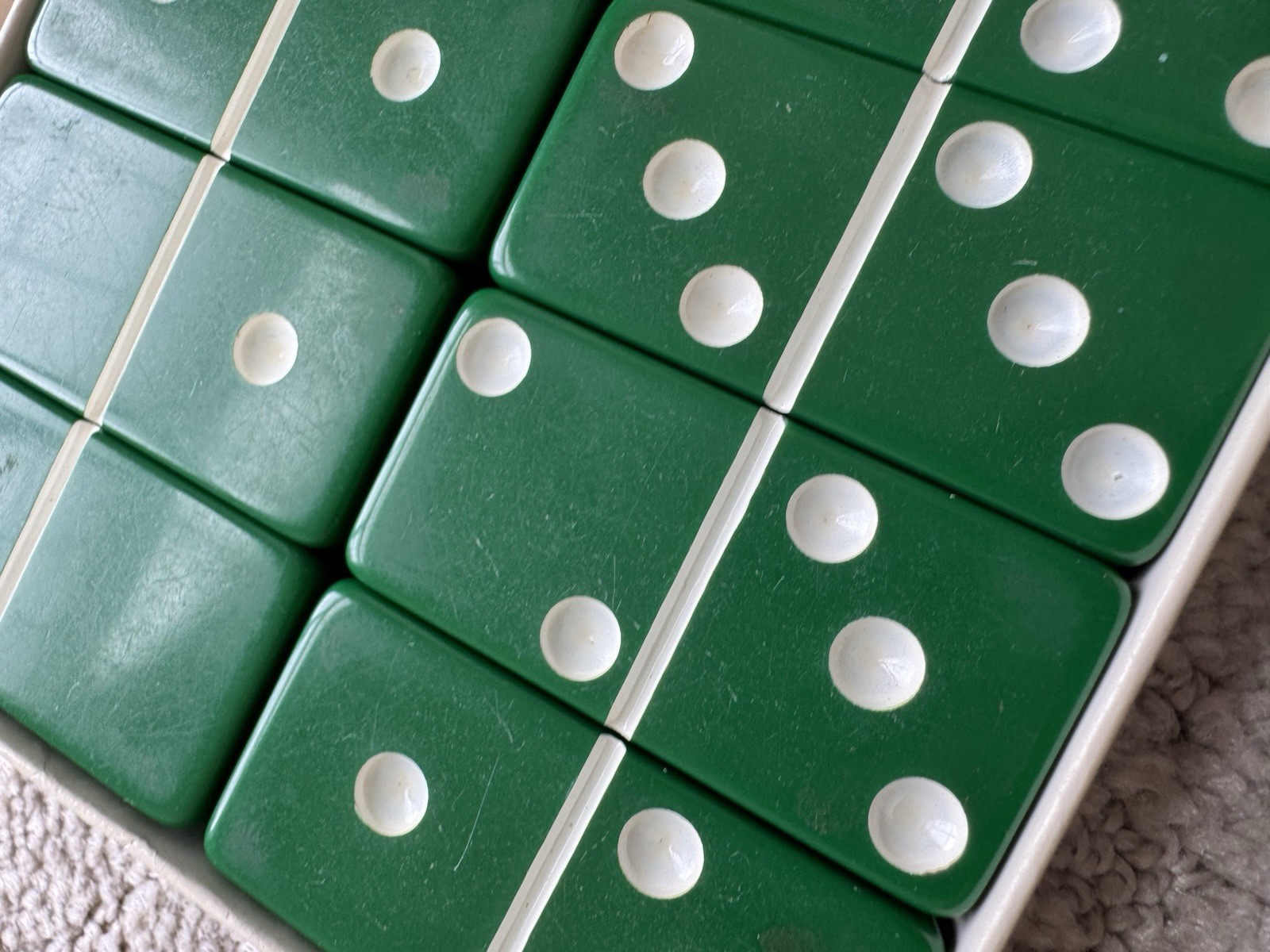 Vintage Puremco Marblelike Dominoes #616 Kelly Green Standard Domino Set In Box