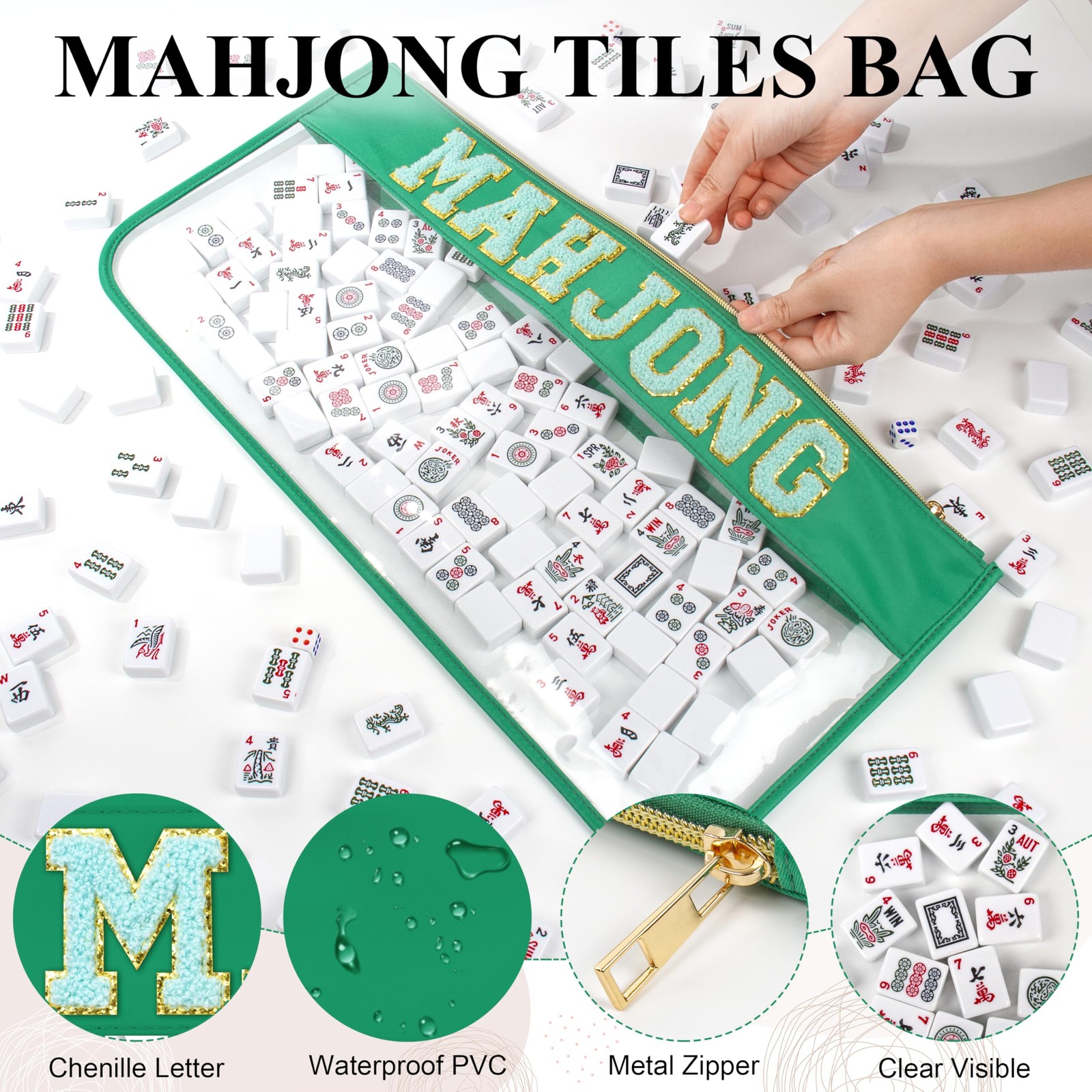 Empty Mahjong Tiles Case, Green Zippered Organizer for American Mahjong Set