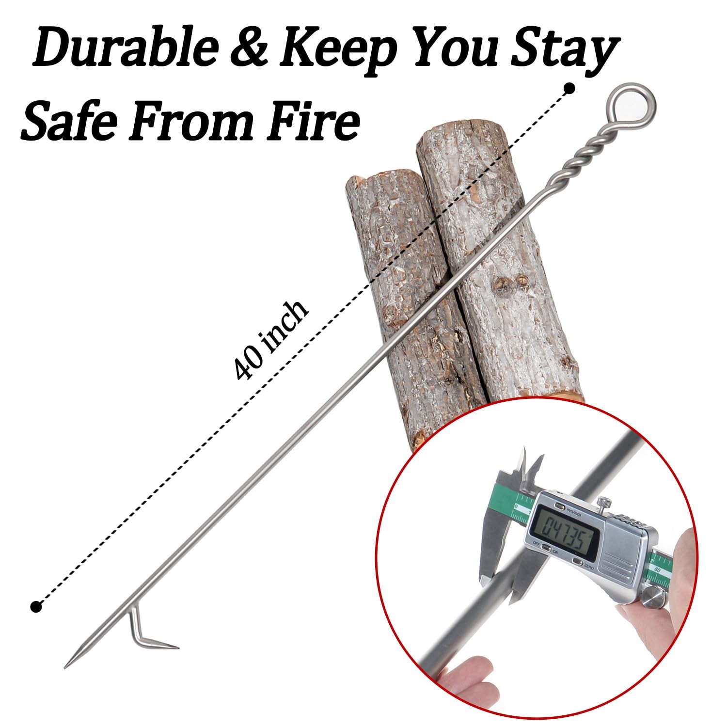 Fire Poker for Pit Outdoor 40in Twisted Rope Design 316 Stainless Silver