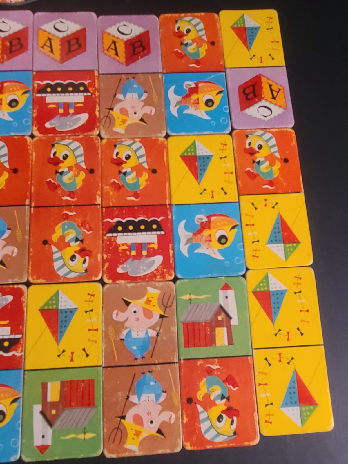 Vintage Jumbo Picture Dominoes Game Toy Pieces in Cardboard Canister (MISSING 1)