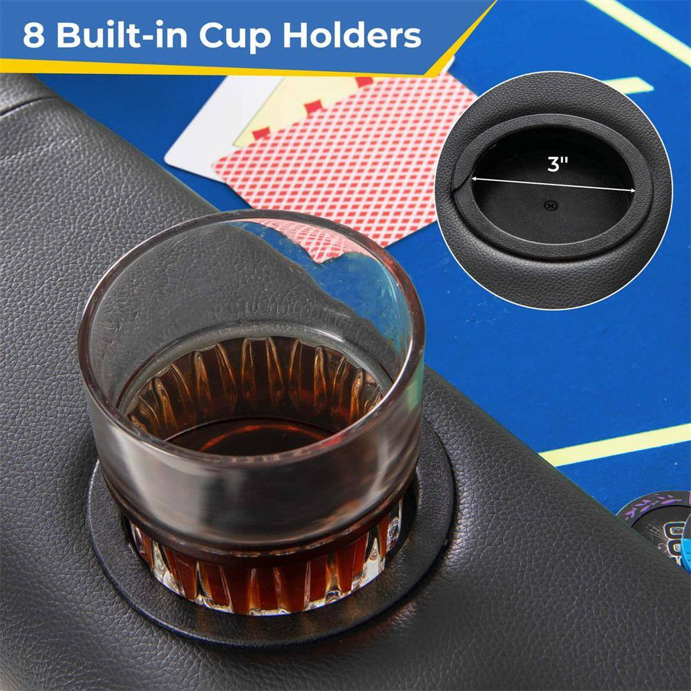 8 Players Card Board Game Table with 8 Cup Holders Casino-Grade Felt Surface Blu