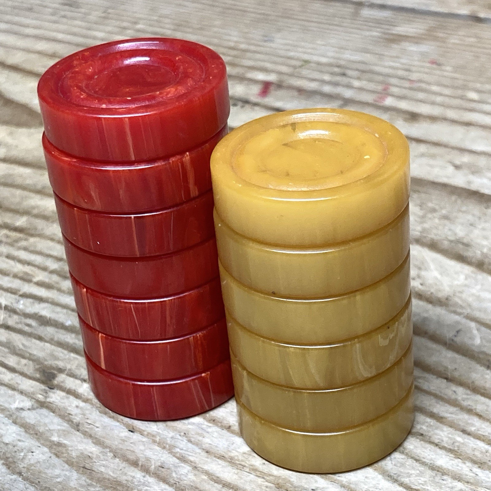 Vintage Bakelite Backgammon Checkers Set with 13 Pieces Red Yellow Butterscotch