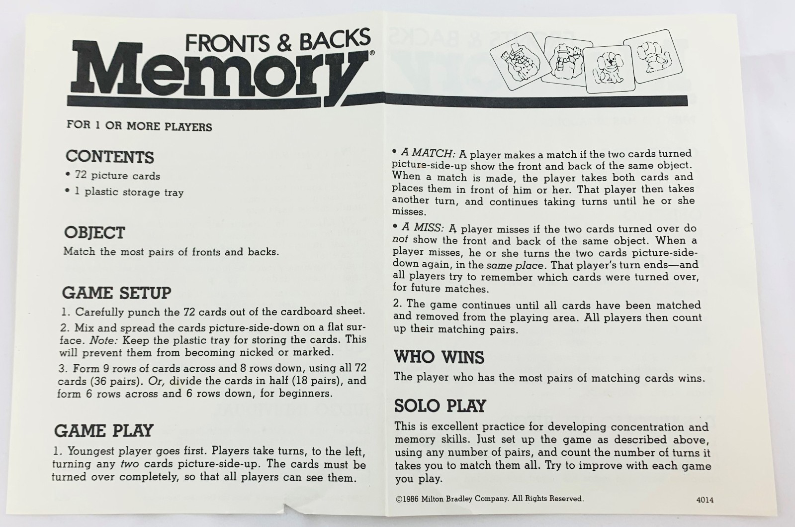 1980 Memory Fronts and Backs by Milton Bradley Complete Good Condition FREE SHIP
