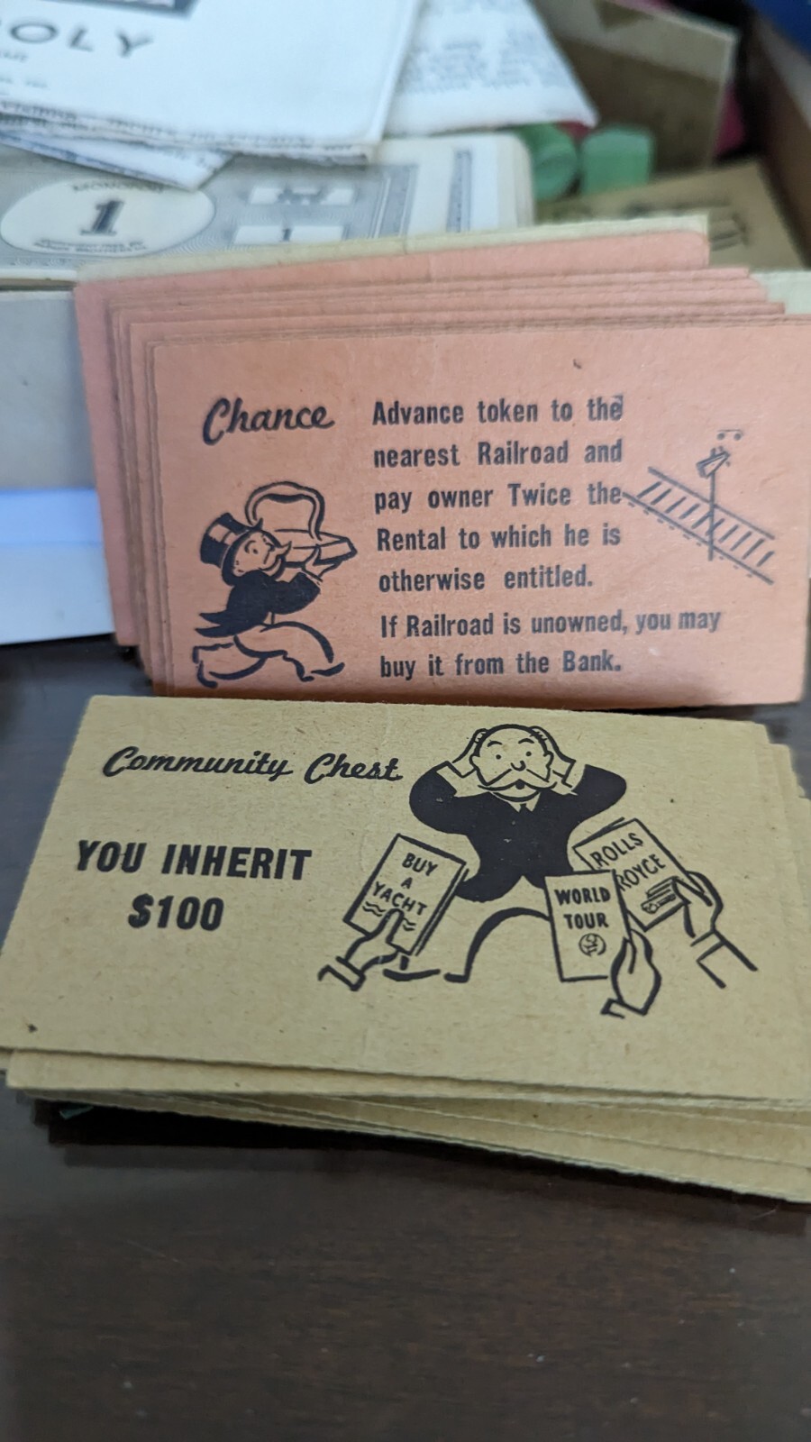 Monopoly 1930’s Blue Box Wood Houses & Hotel Wood Game Pieces Dice, Cards, Rules