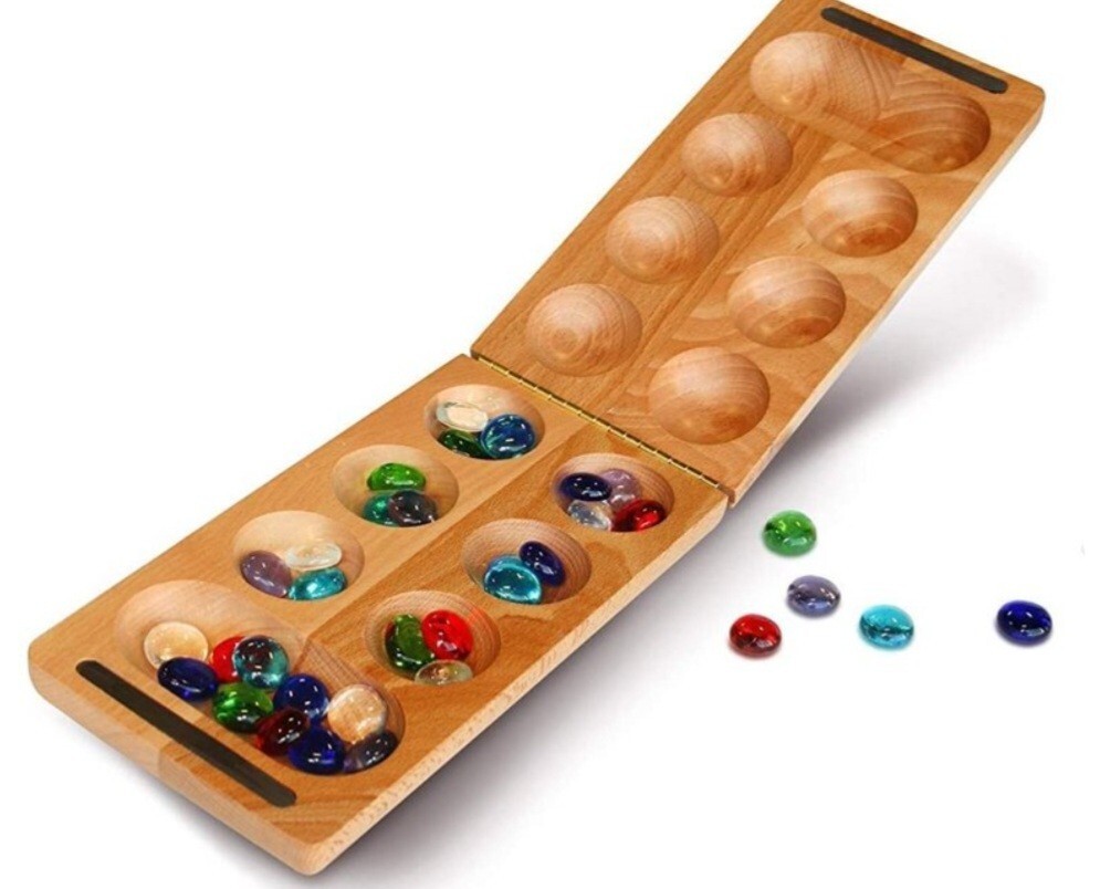 WE Games Folding Mancala – Solid Wood Board Game & Glass Stones