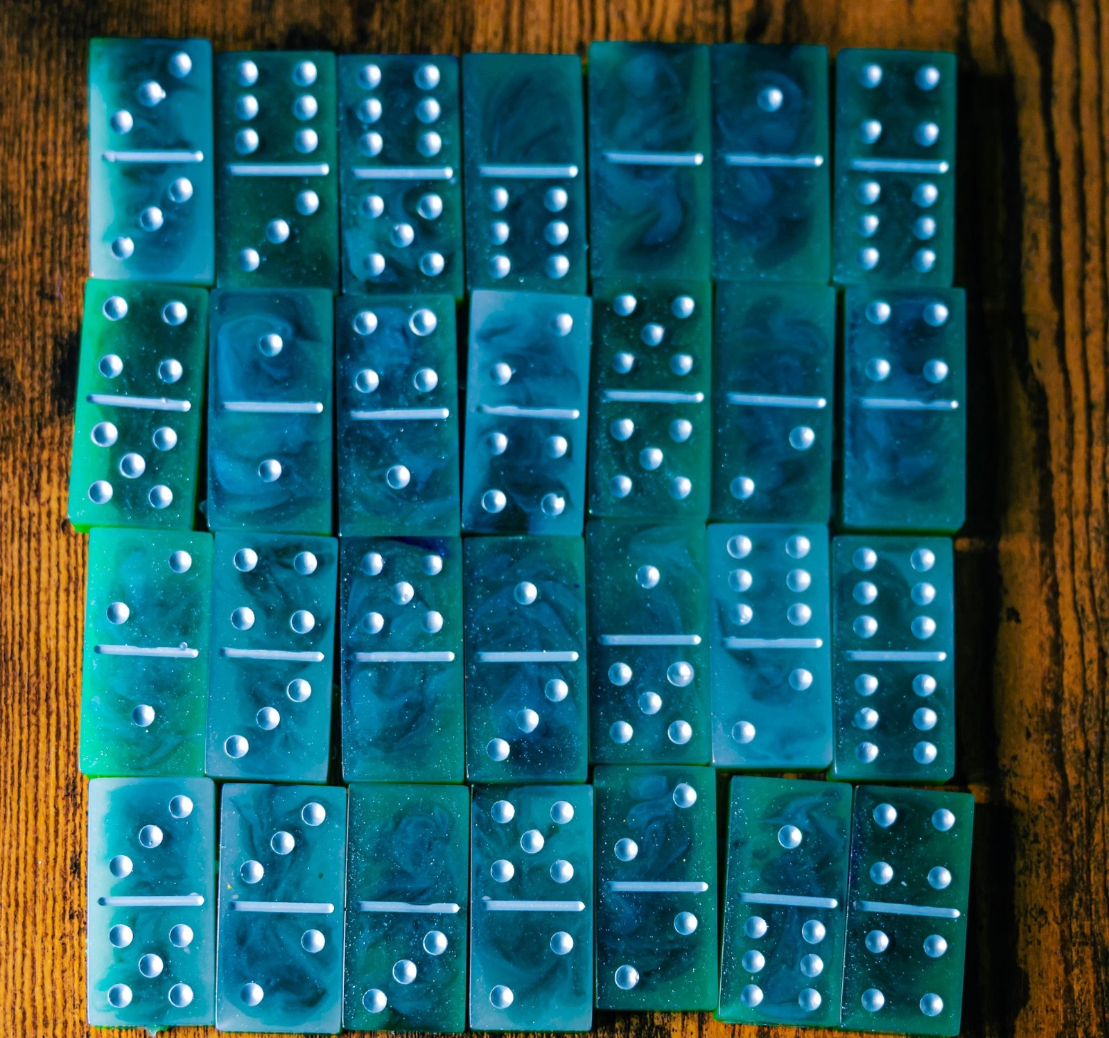 Handmade Resin Domino Set with Matching Storage Box Blue Green Swirl