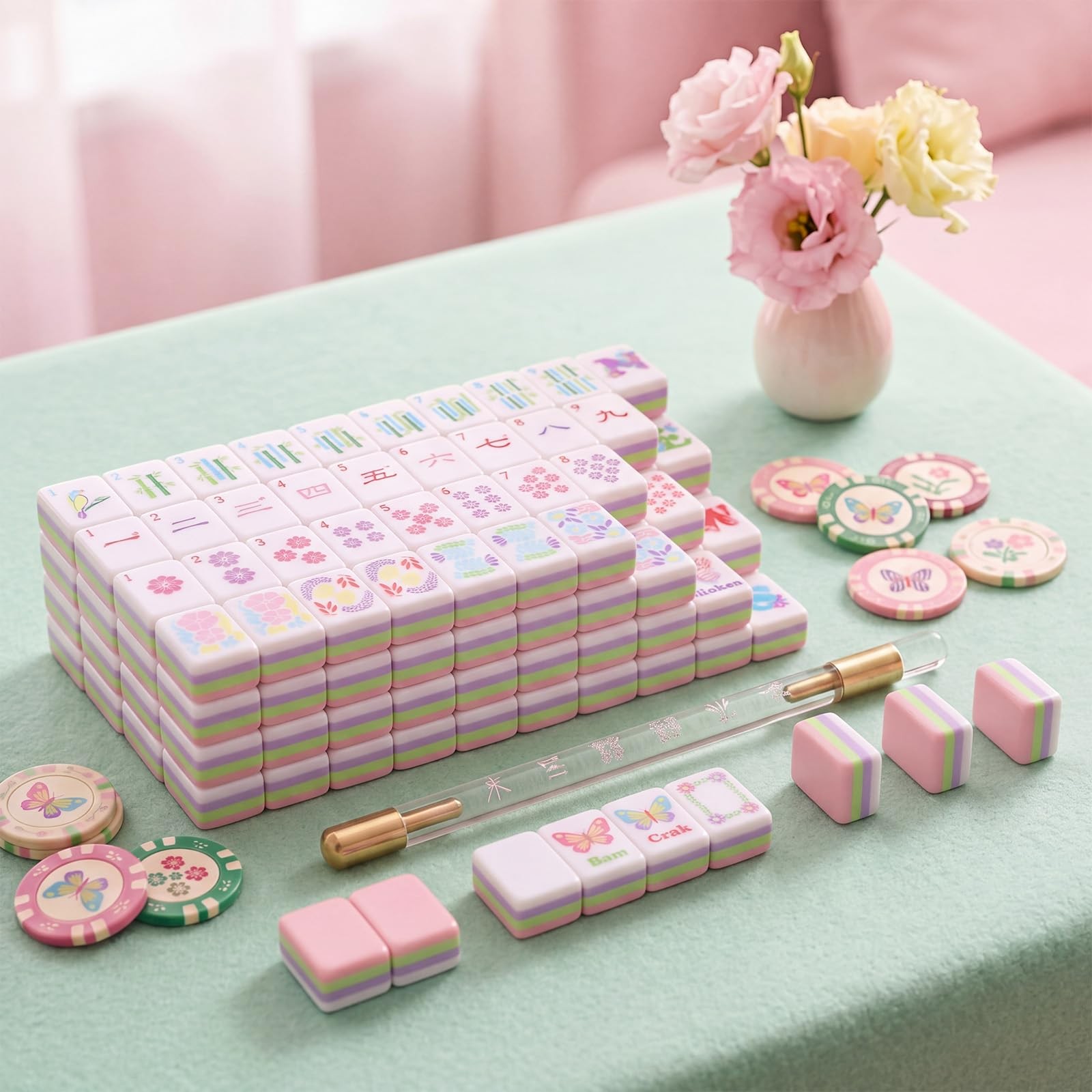Arrowbash 160 Pcs Mini Mahjong Tiles Set 1 Inch Tiles Pink Flowers American M…