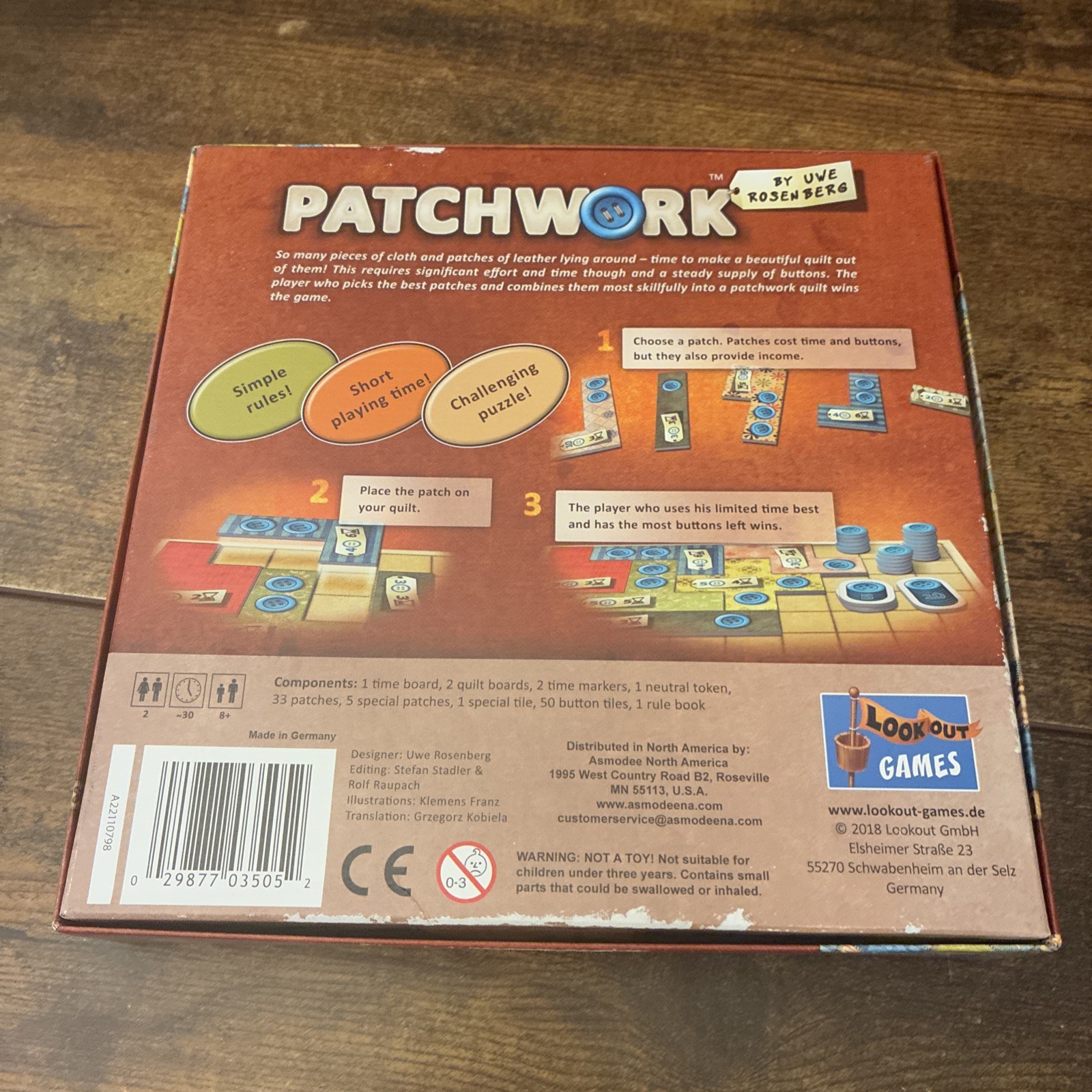 Patchwork Board Game By Uwe Rosenberg 2018 Lookout Games CIB Complete